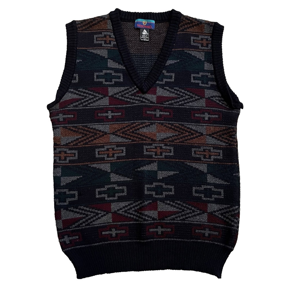 VTG Woodward Men's L Sweater Vest‎ Merino Wool Geometric V Neck Grandpa Preppy